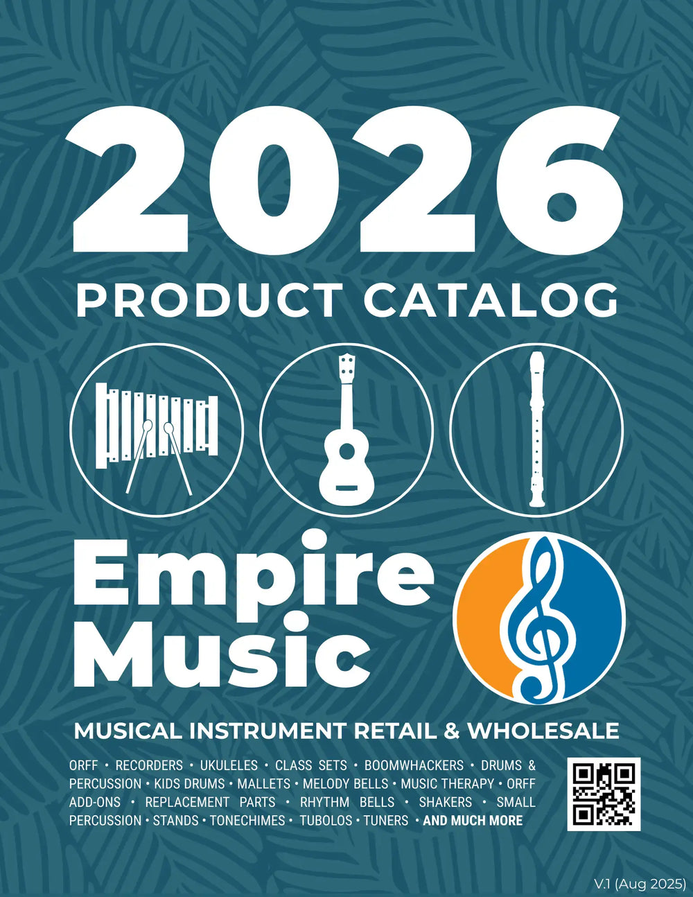2026 empire music product catalog cover featuring white icons of a xylophone, guitar, and recorder against a teal leaf-patterned background.