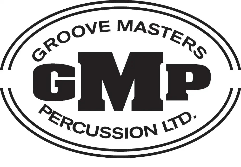 Black oval logo featuring bold ’gmp’ letters with ’groove masters percussion ltd.’ arched above and below in a clean, sans-serif font.