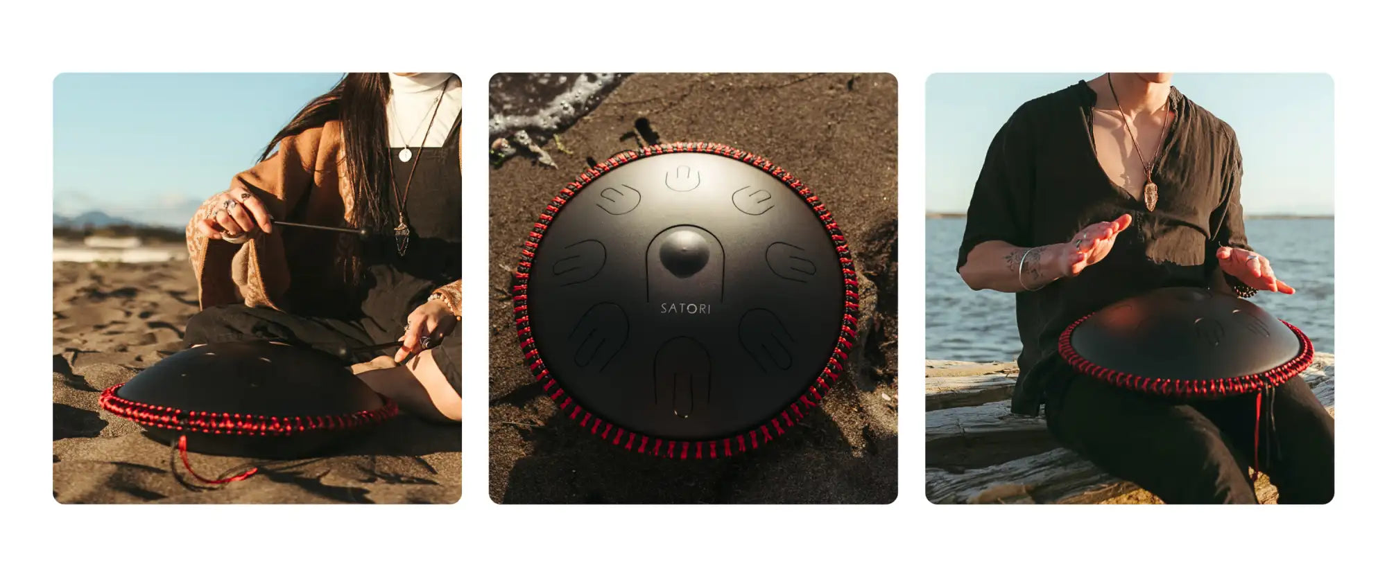Black satori handpan with red beaded edge and engraved tuning marks
