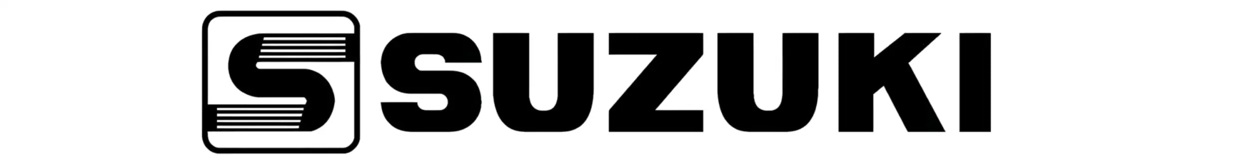 Black suzuki logo featuring a stylized ’s’ emblem with horizontal lines inside a square border, next to the bold ’suzuki’ text.