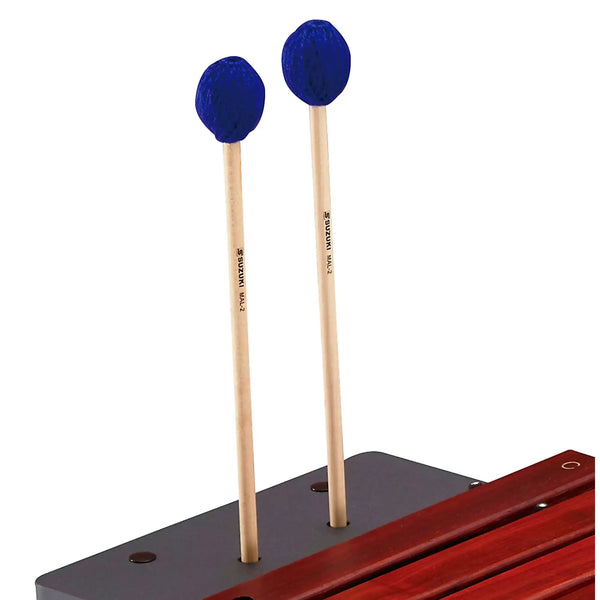 Blue felt-tipped mallets with light wood handles, branded ’suzuki ma-2’’.