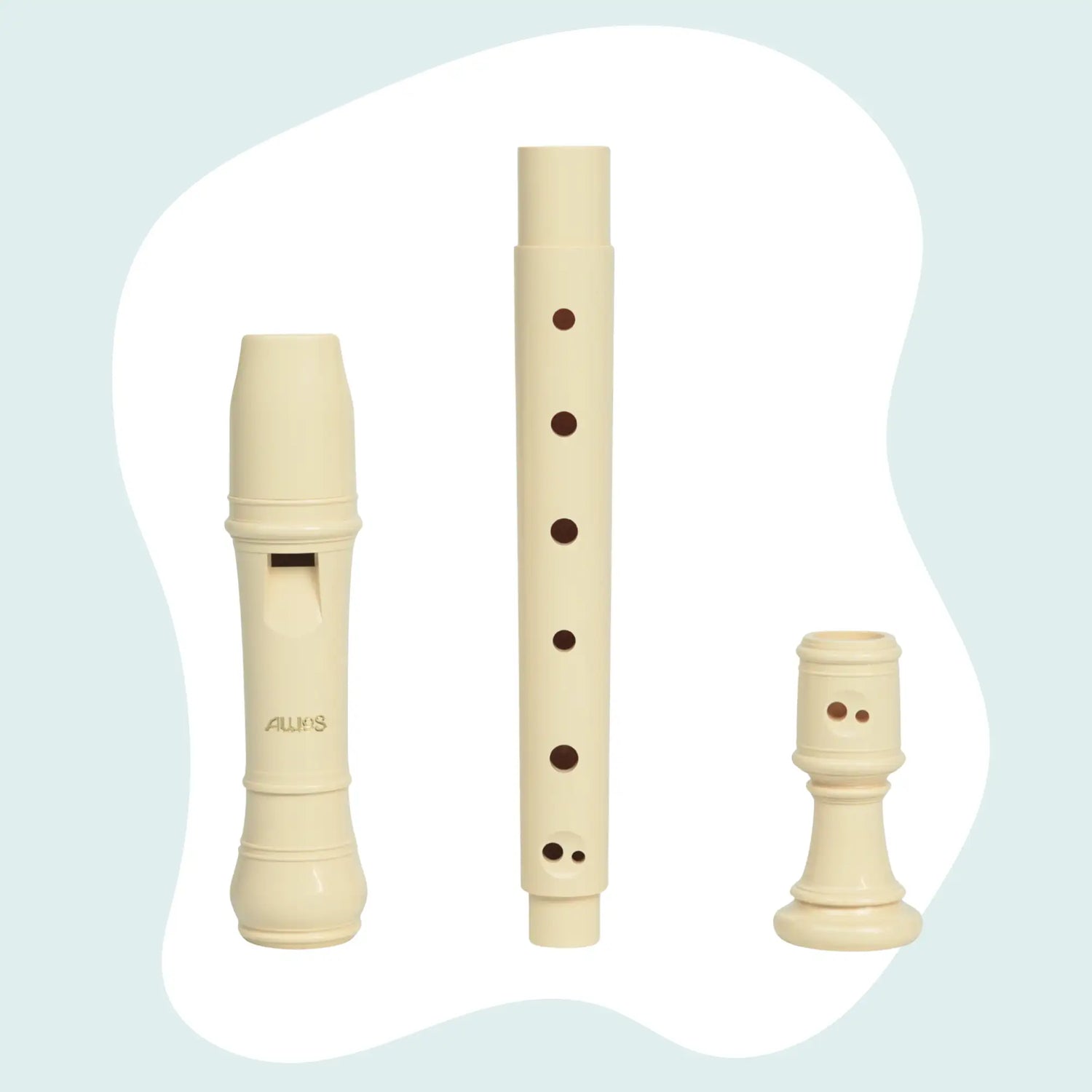 Cream-colored plastic recorder with seven dark brown finger holes and a matching mouthpiece, assembled in three parts.
