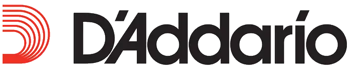 D’addario logo featuring a stylized red and black circular emblem next to the brand name in bold, dark gray lettering.