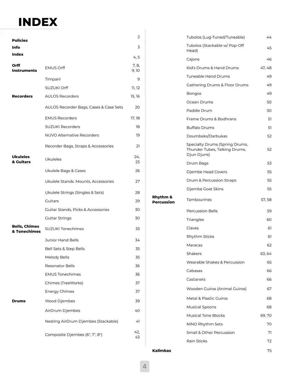 The image displays a printed index page from a music instrument catalog, listing categories such as ’orff instruments,’ ’recorders,’ and ’drums’ with corresponding subcategories like ’tubolos (lug-tuned/tuneable)’
