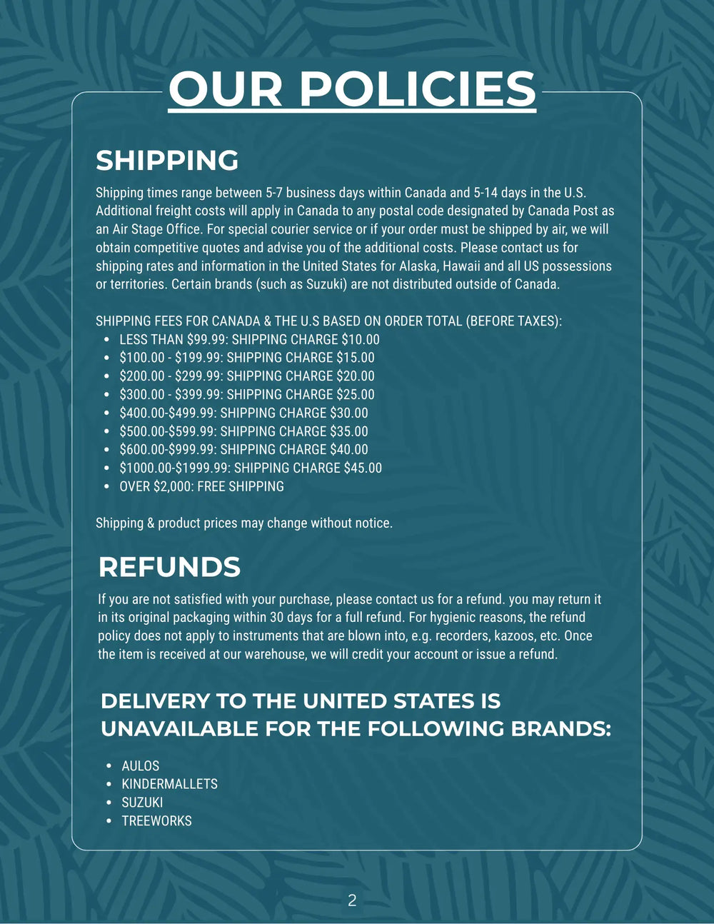 The image displays a teal-colored paper with white text outlining shipping, refund, and delivery policies for various brands.