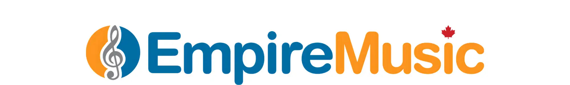 Empire music logo featuring a stylized treble clef in white on an orange and blue circular background, with the brand name ’empiremusic’ written in bold sans-serif font, blue for “empire” and orange for “music”,