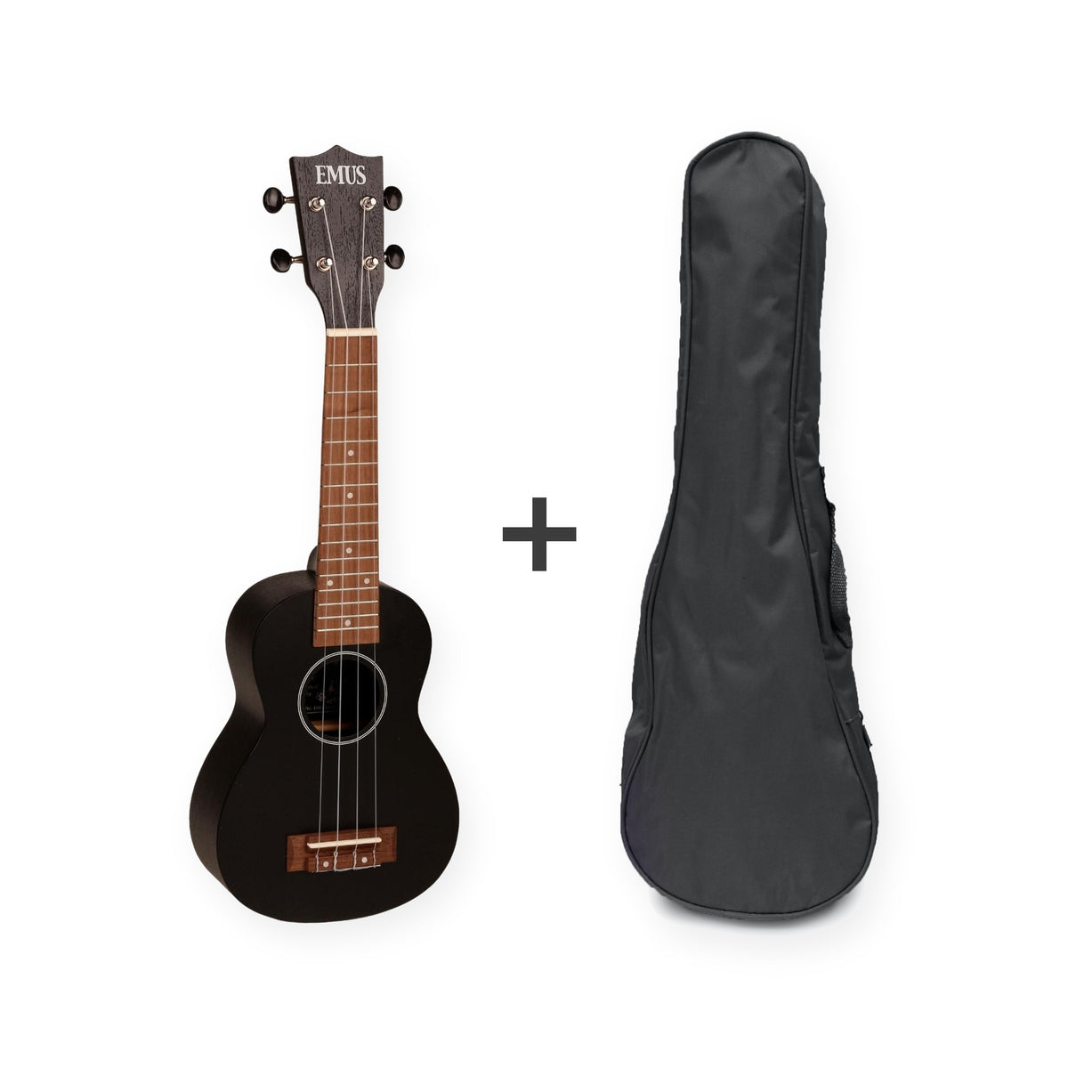EMUS soprano ukulele, black gloss, with a black EMUS bag