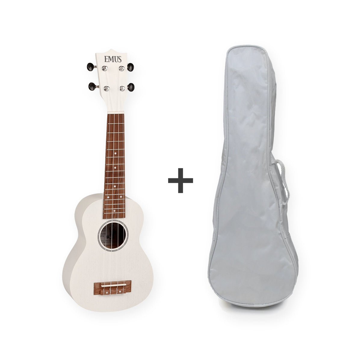 EMUS soprano ukulele, white gloss, with a white EMUS bag
