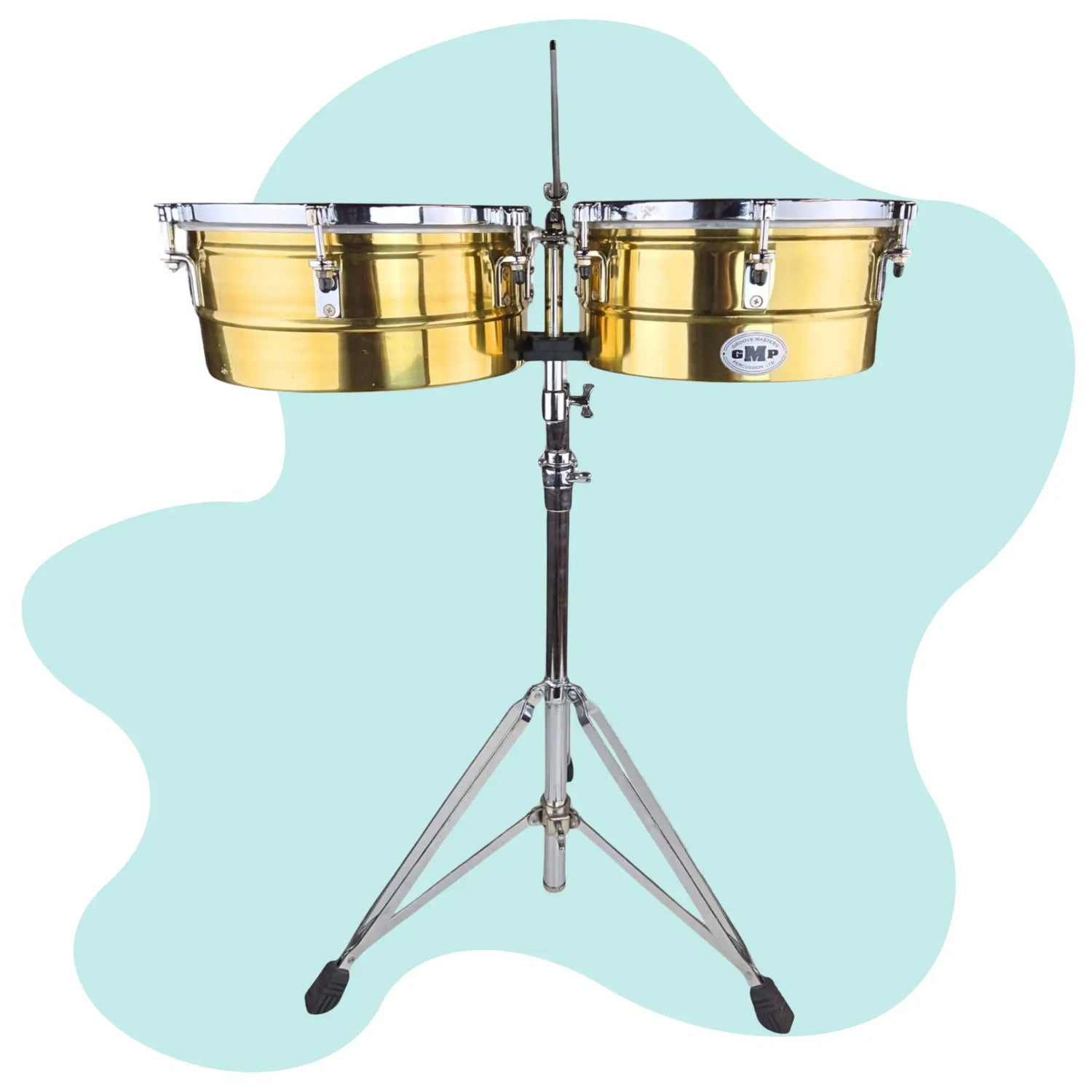 Gold-colored, two-piece conga drum set mounted on a chrome stand with black rubber feet.