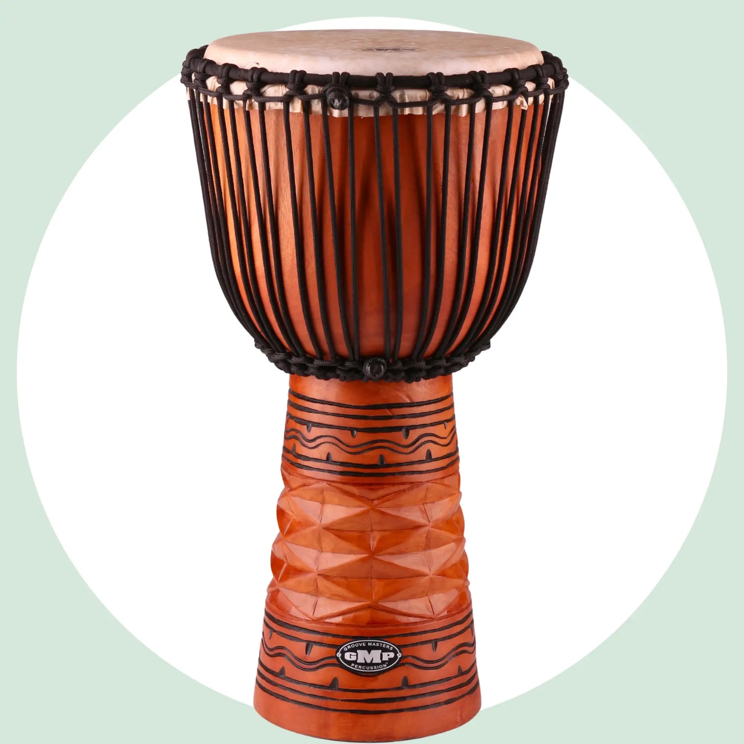 Orange-bodied djembe drum with black rope tensioning system and decorative geometric patterns.