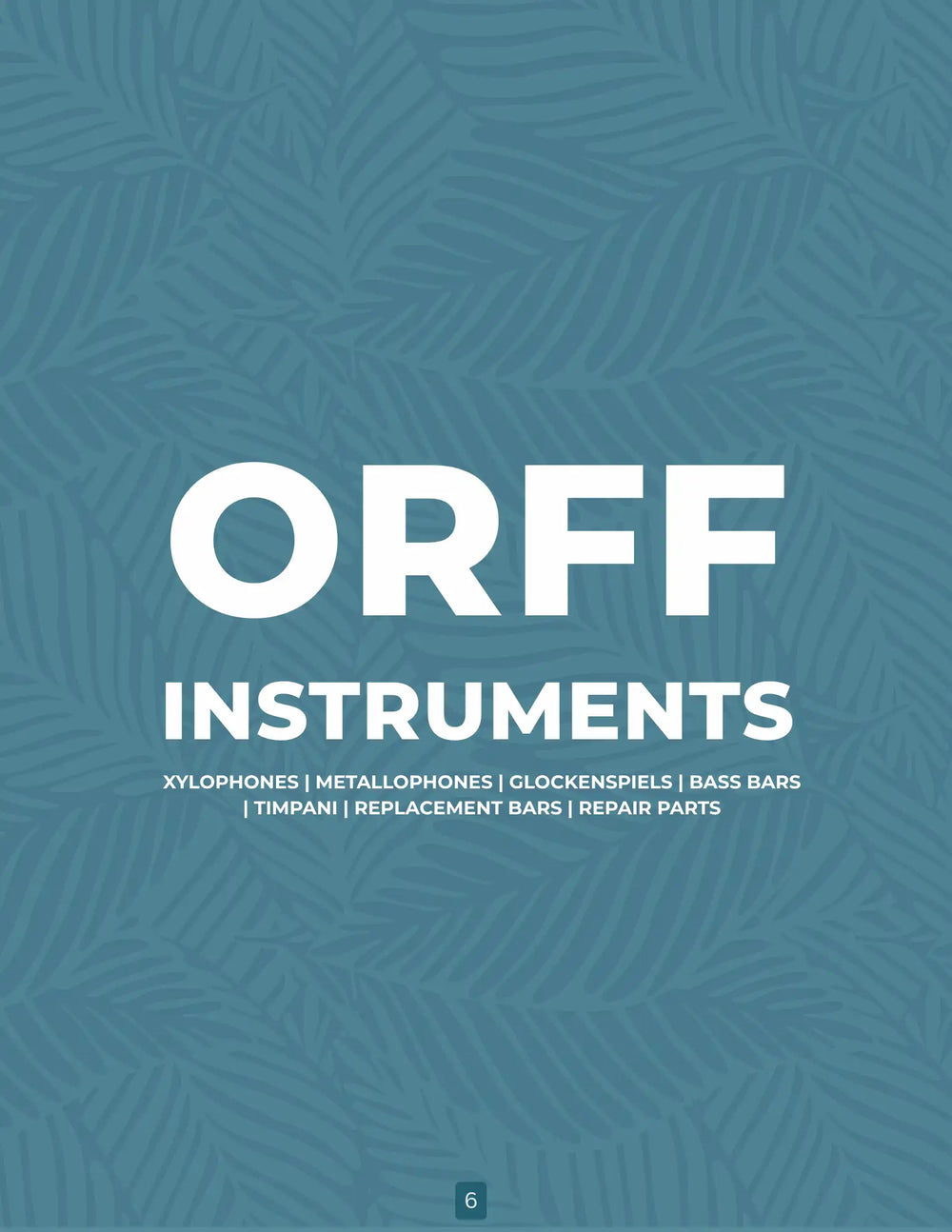 Orff instruments catalog cover featuring bold white text on a teal background with subtle leaf patterns.