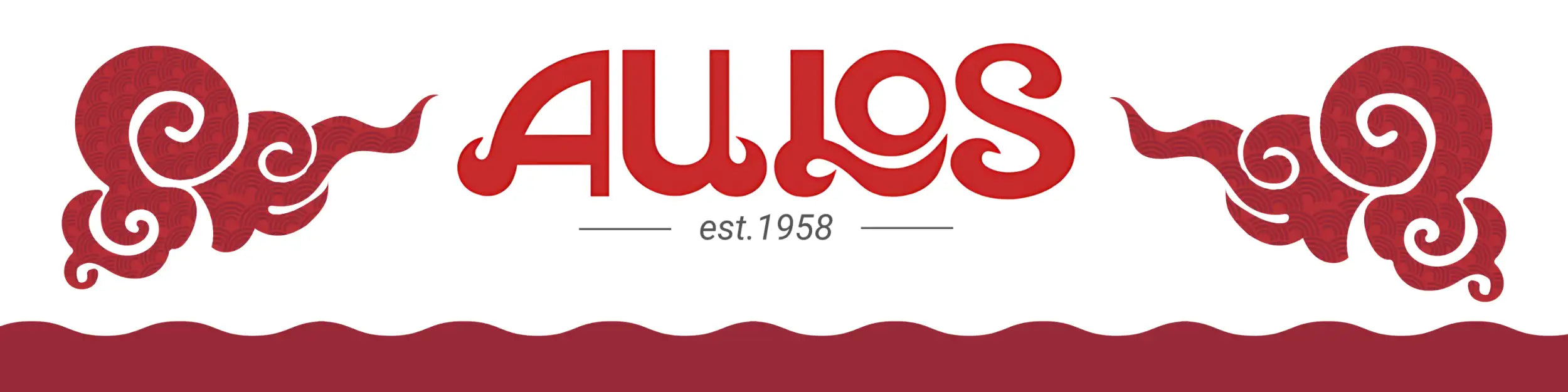 Red ’au los’ logo with ornate cloud motifs and a wavy maroon border.