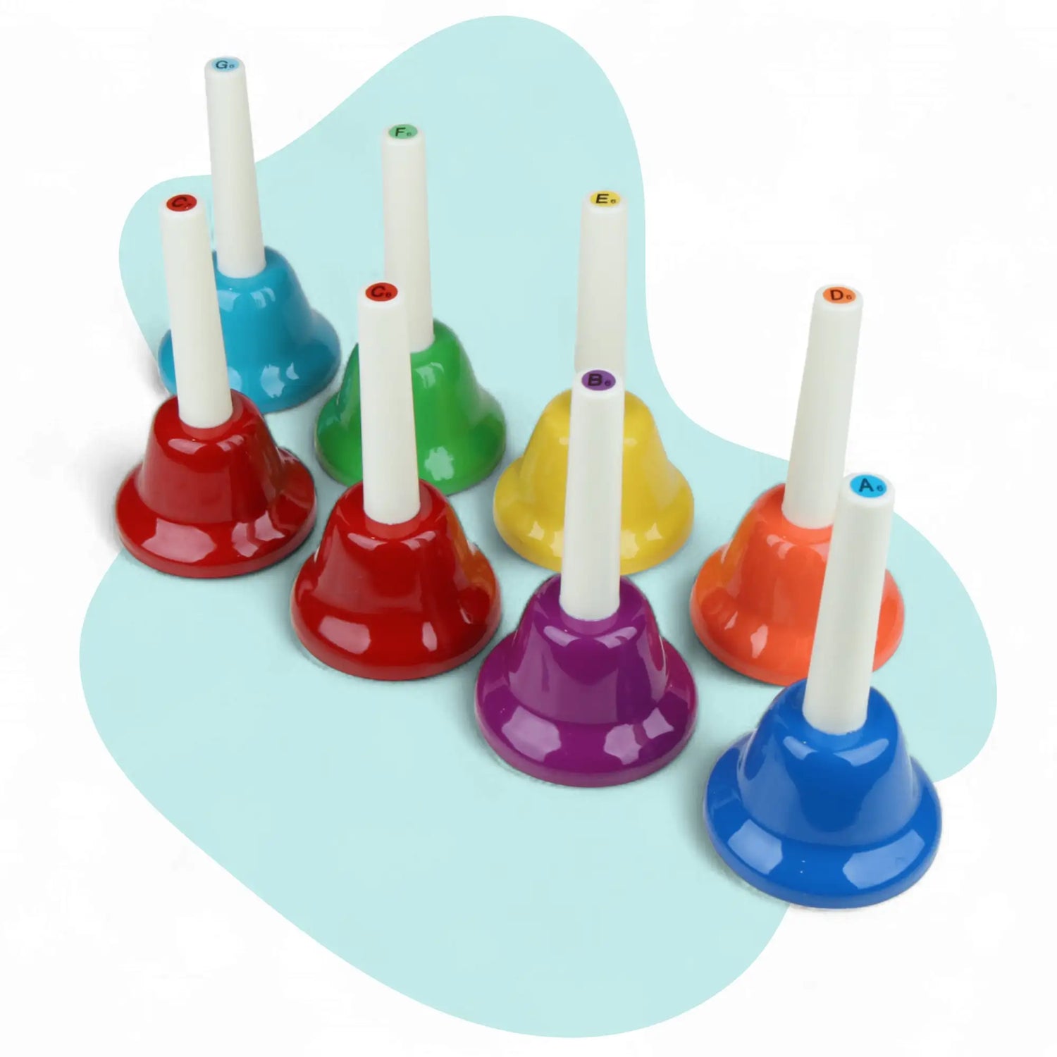 Set of colorful plastic tuned bells with white handles and lettered tops.
