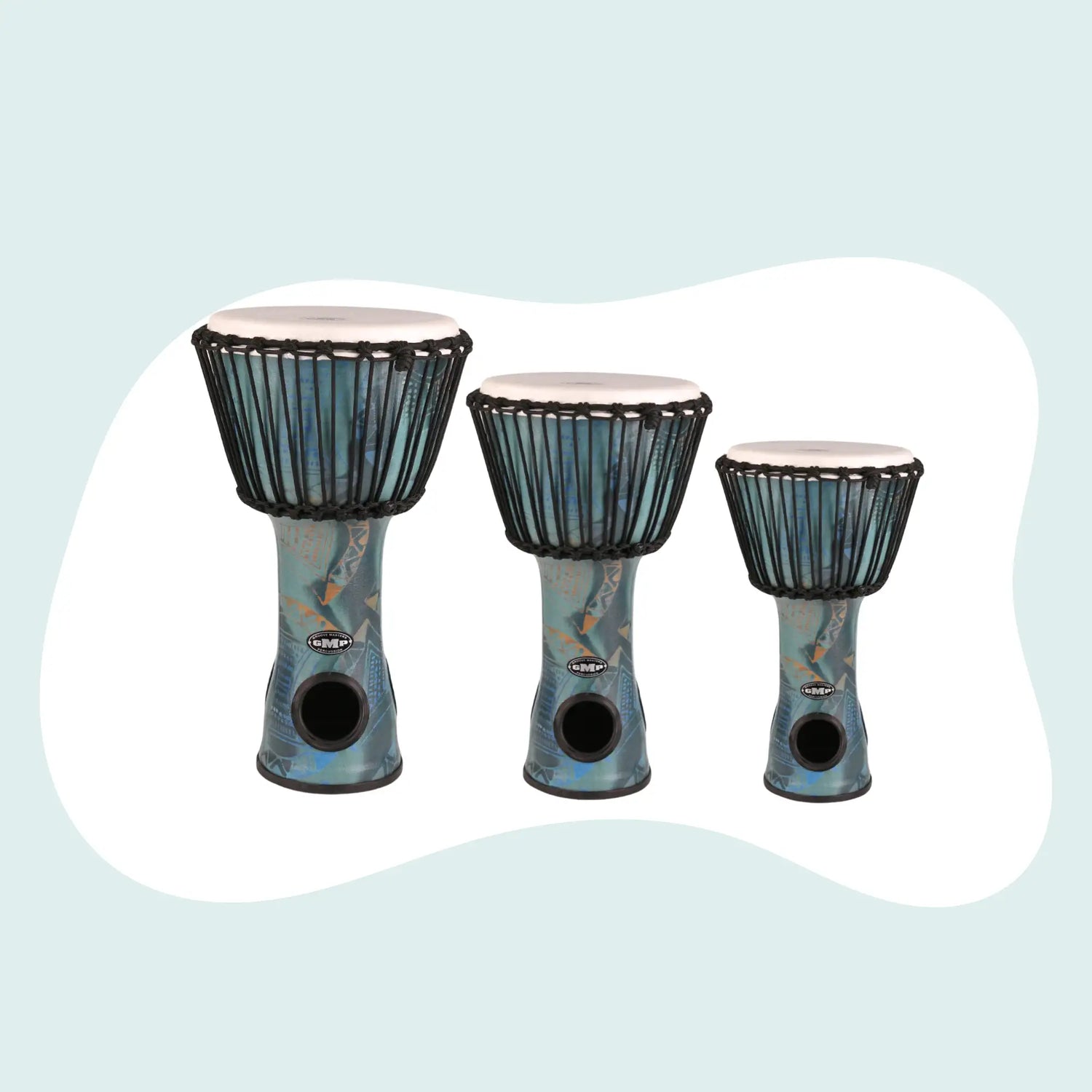 Set of three blue and black djembe drums with a glossy finish.