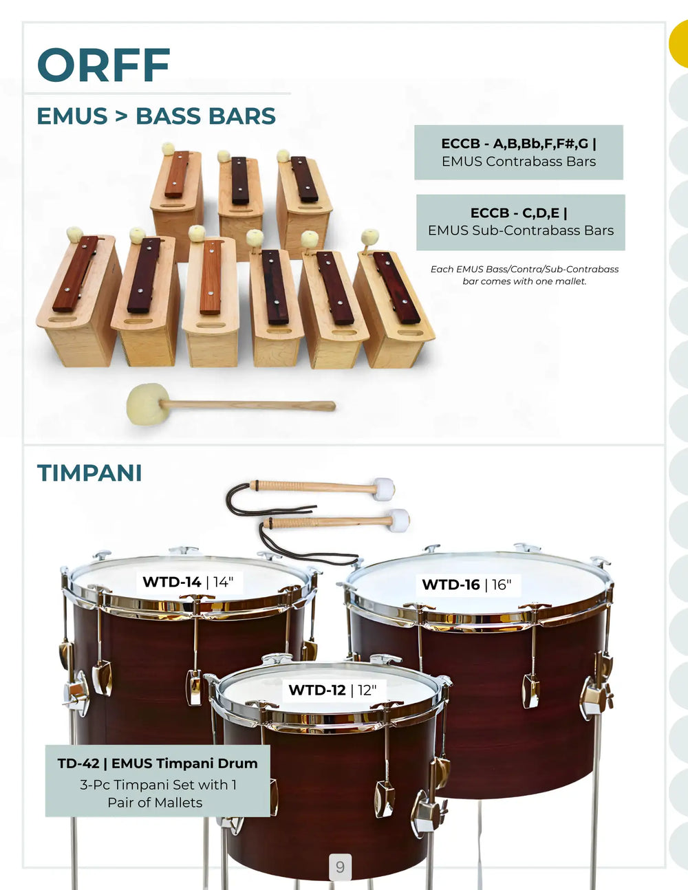 Set of three emus timpani drums in a rich burgundy finish with chrome hardware and white drumheads.