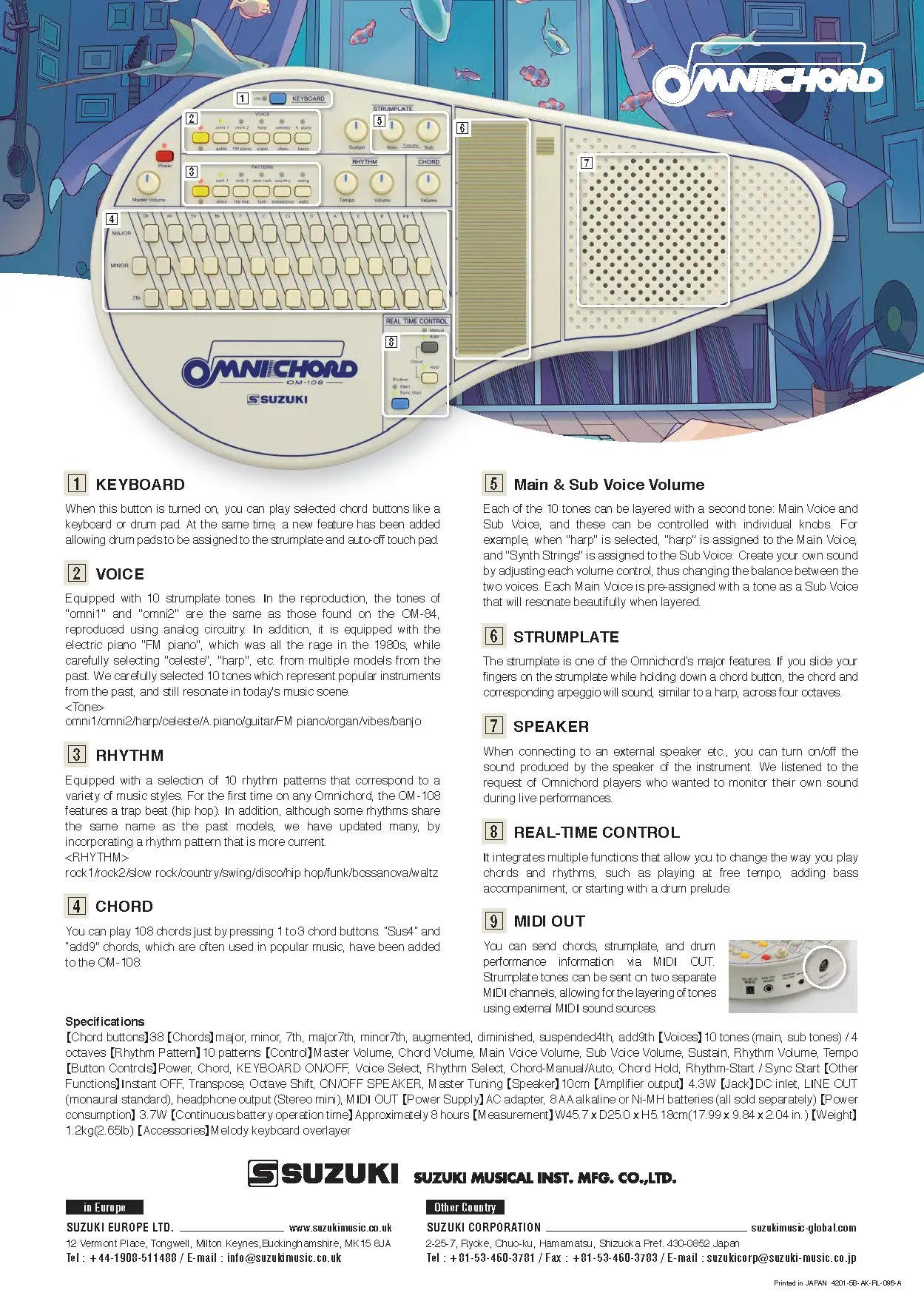 Suzuki omnichord keyboard with a sleek, modern design featuring multiple color-coded buttons and an intuitive layout for easy chord selection.