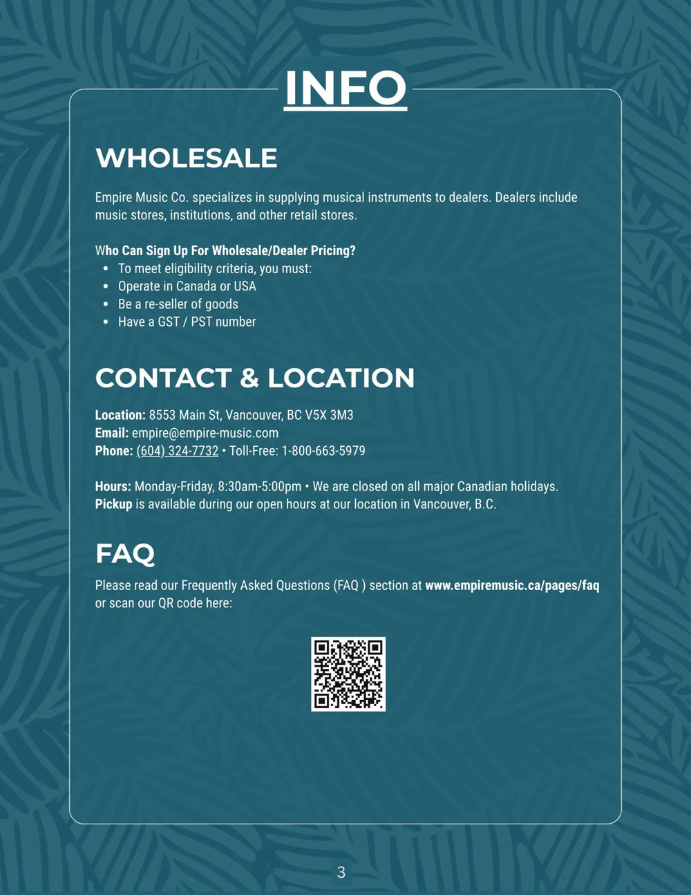 Teal informational flyer for empire music co.