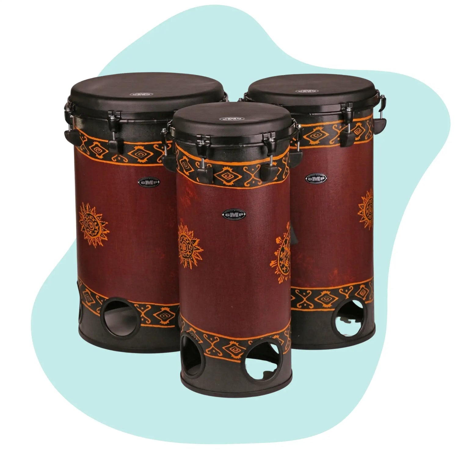 Three maroon and black bongo drums with orange geometric patterns, featuring a sleek design by the brand ’emp’.