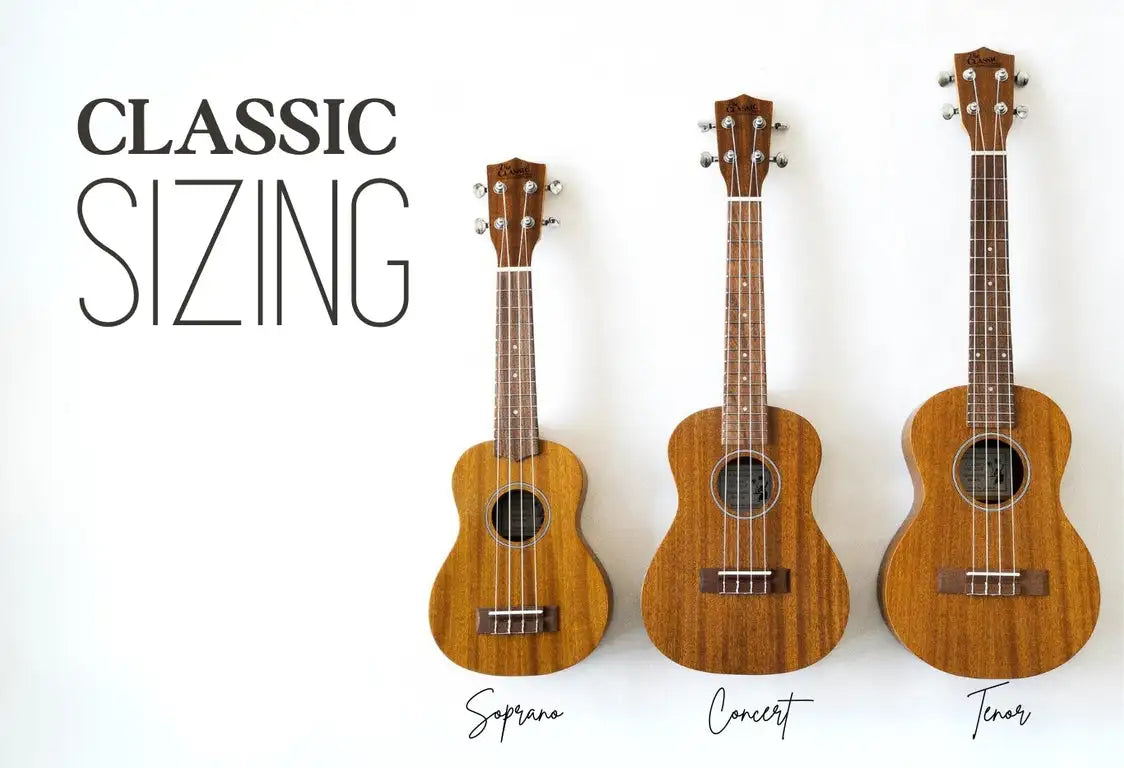 Three wooden ukuleles in classic sizing, soprano, concert, and tenor, are displayed side by side with their respective labels beneath.