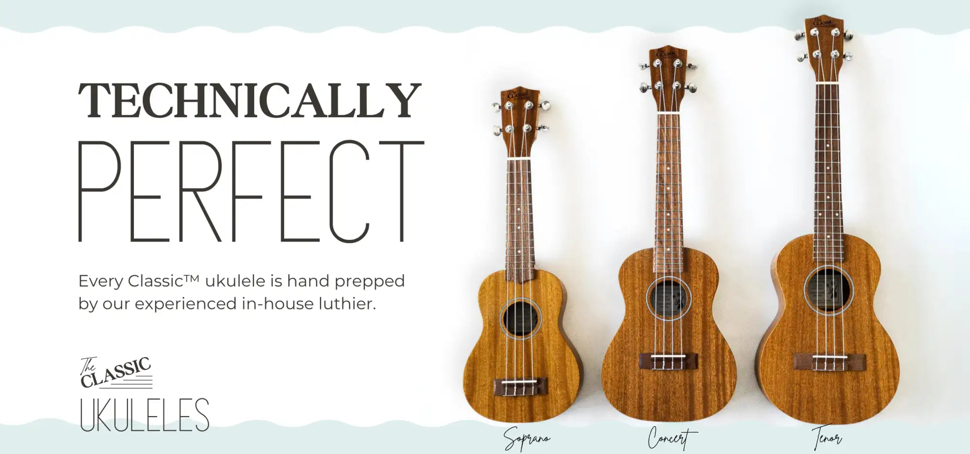 Three wooden ukuleles with natural wood grain, each labeled as soprano, concert, and tenor models from the classic ukuleles.