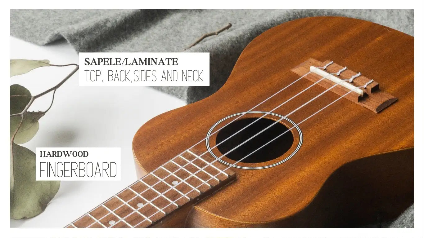 A warm brown ukulele with a sapele laminate body and hardwood fingerboard, featuring four strings and a classic circular soundhole.