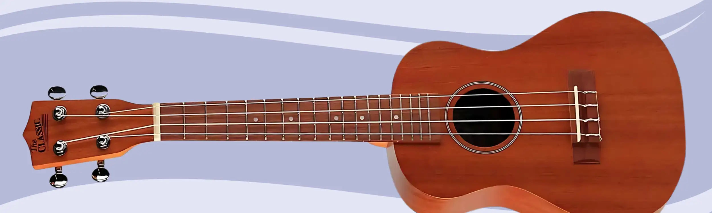 A warm brown wooden ukulele with a glossy finish and black tuning pegs.