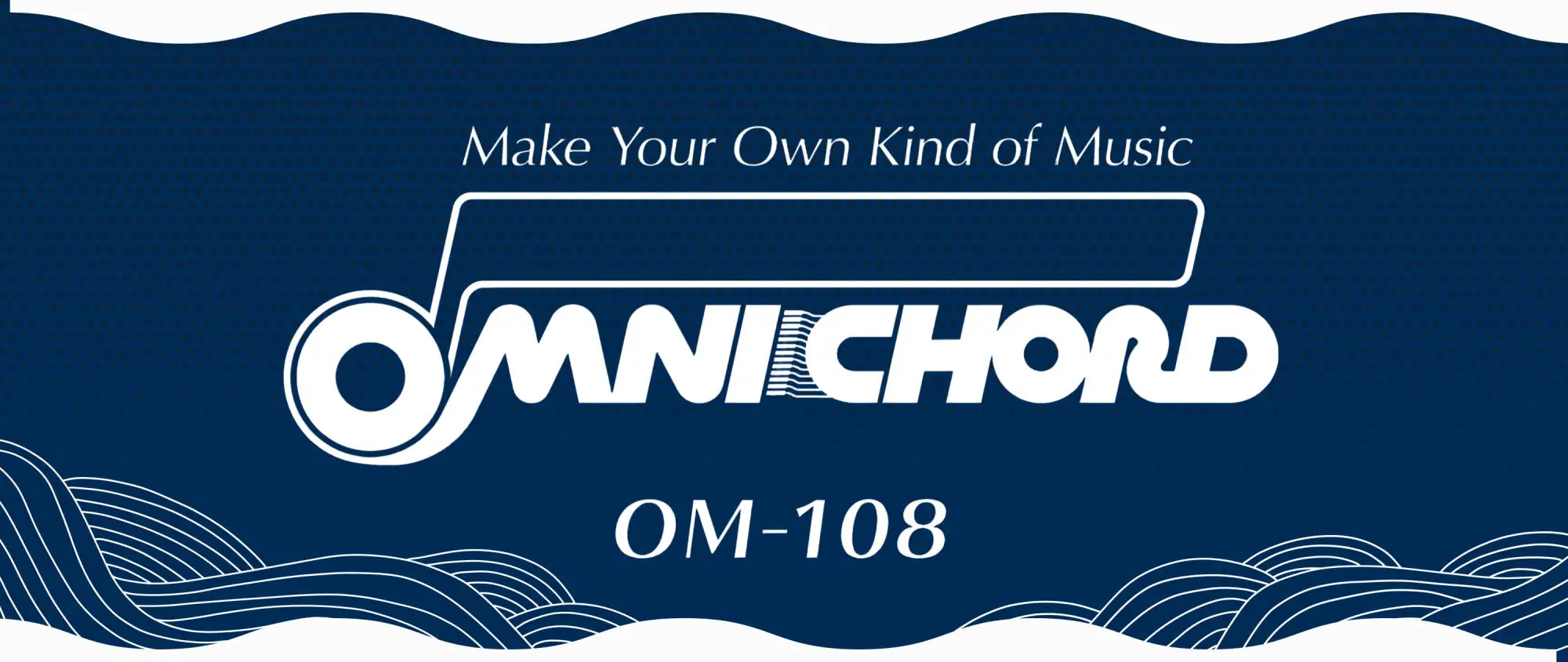 White ’omnichord om-108’’ logo on a dark blue background with wave patterns.