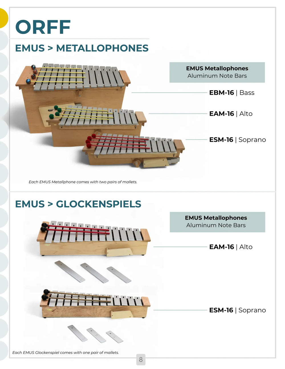 Wooden-framed emus metallophone with aluminum note bars and red-tipped mallets.