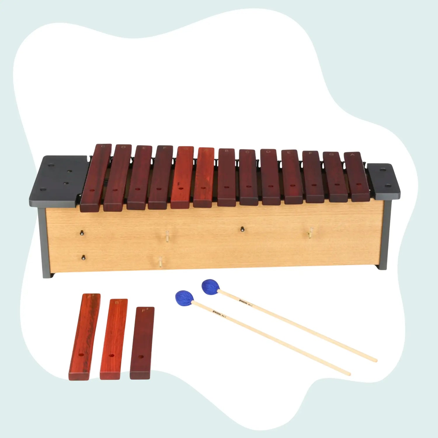 Wooden xylophone with reddish-brown keys and a light wood body, accompanied by blue-tipped mallets.