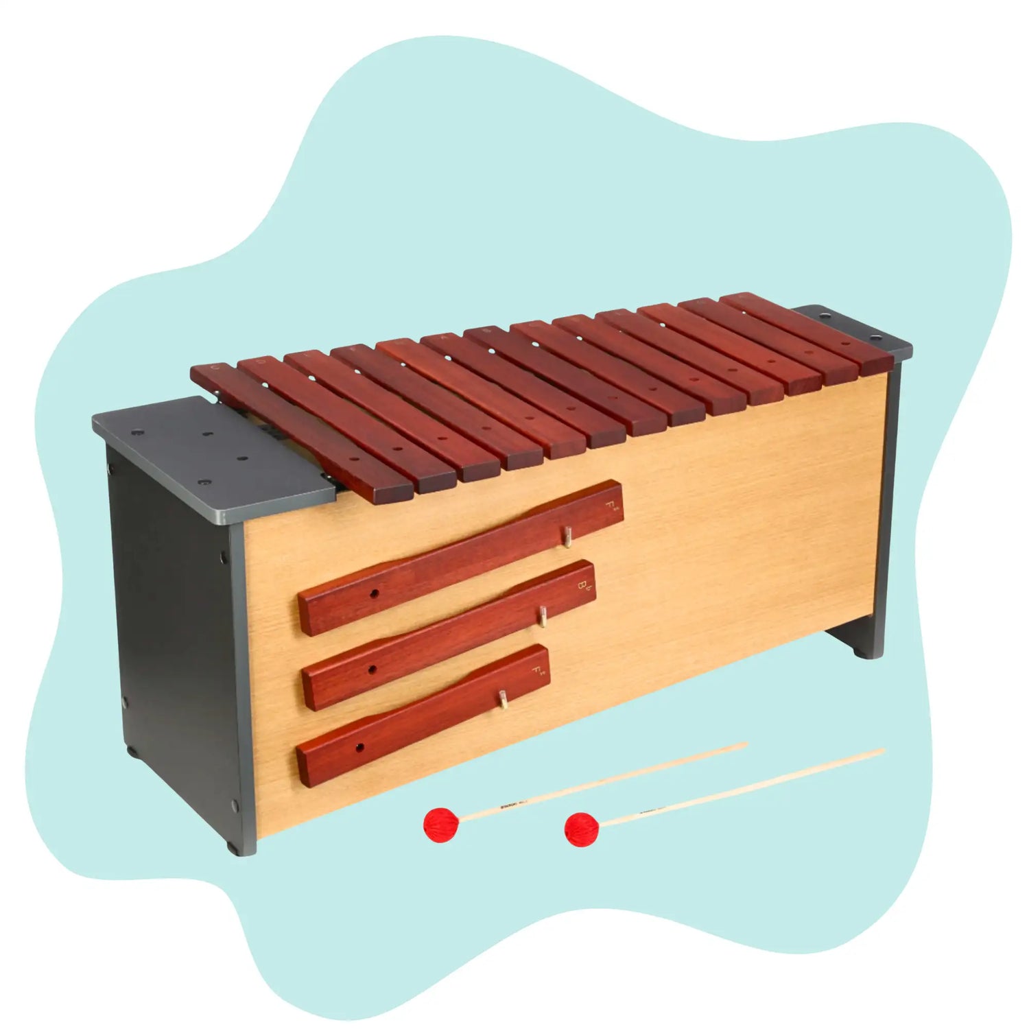 Wooden xylophone with reddish-brown keys and light wood body, featuring three matching mallets with red spherical heads.